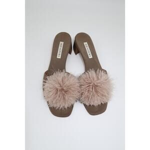 Aquazzura Brown Fabric Slide Sandals with Fur Trim Size 39.5